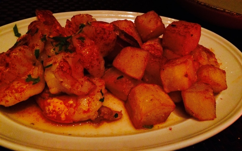 Gambas al Ajo - sautéed garlic shrimp with papas bravas