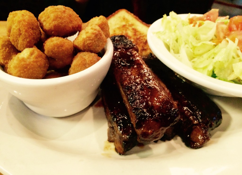 Queen City BBQ: Ribs, house salad, French toast, fried okra